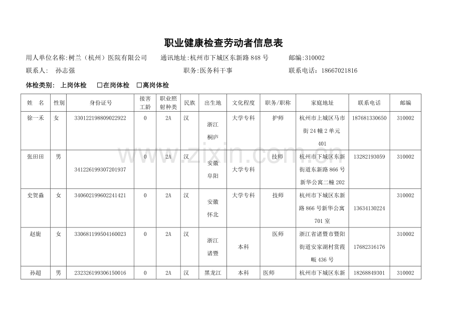 职业健康检查劳动者信息表).doc_第1页