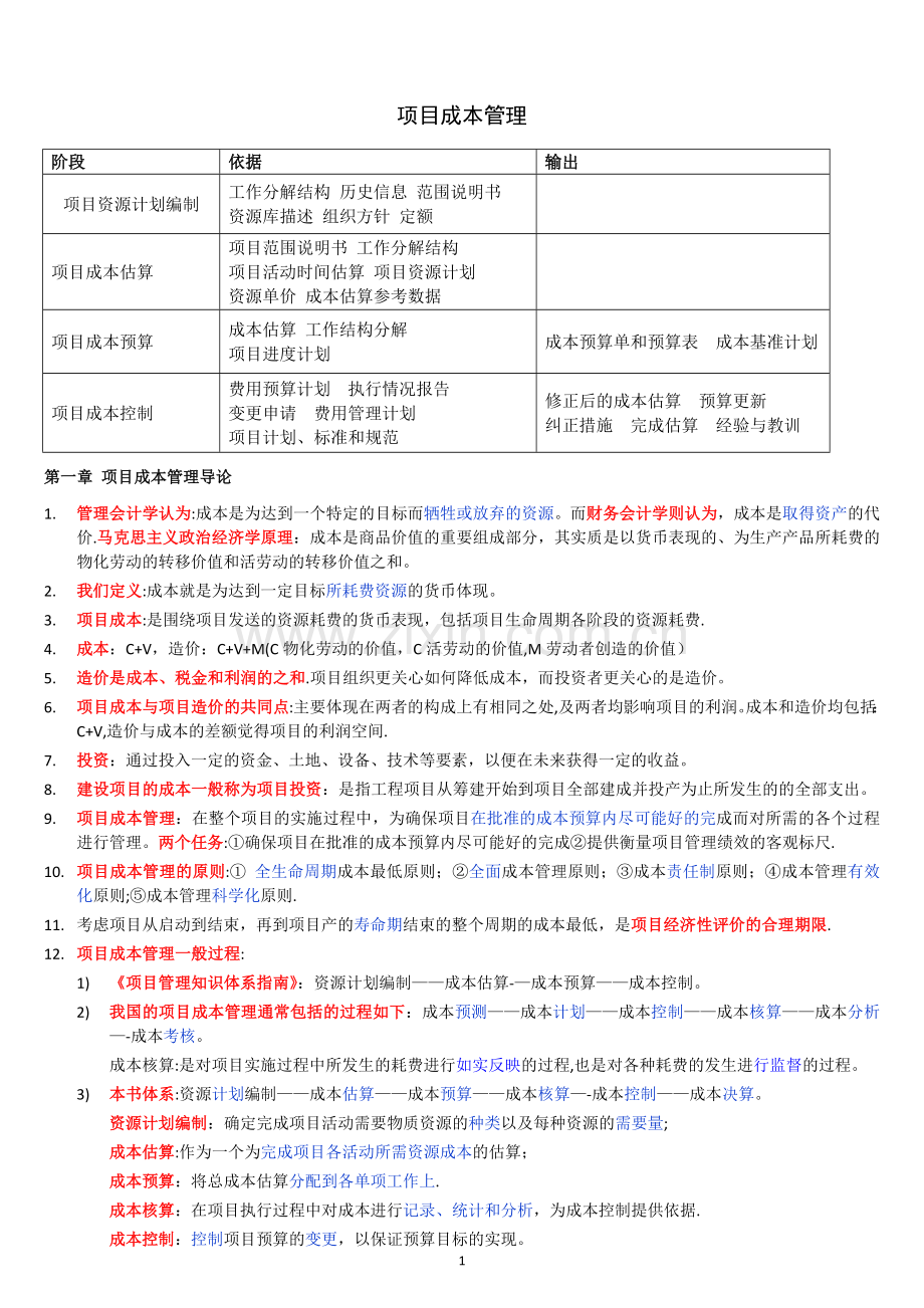 自考本科-《项目管理》：《项目成本管理》笔记整理.doc_第1页