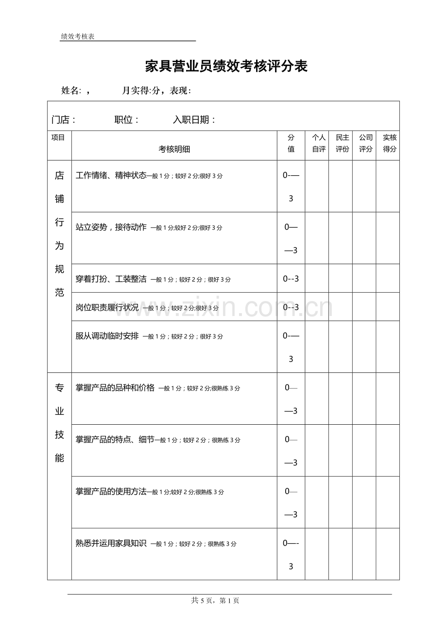 家具营业员绩效考核评分表.doc_第1页