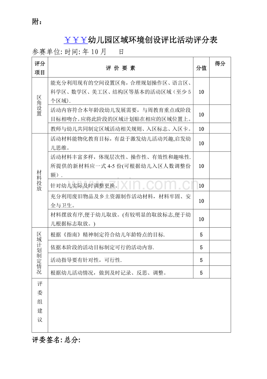 幼儿园区域(区角)评分表准表.doc_第1页