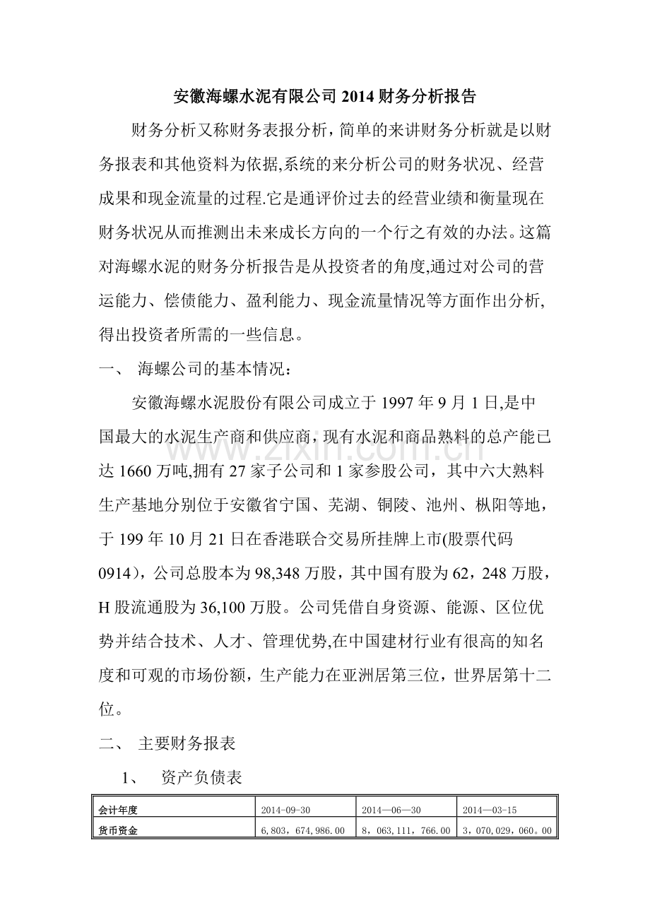 海螺水泥的财务分析报告.doc_第1页