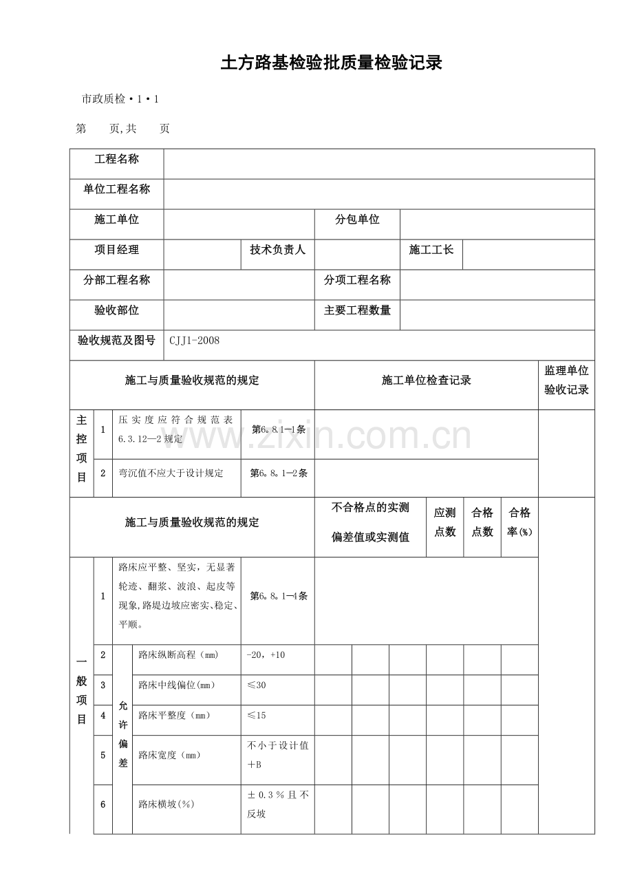 市政道路工程检验批质量检验记录表格全套.doc_第1页