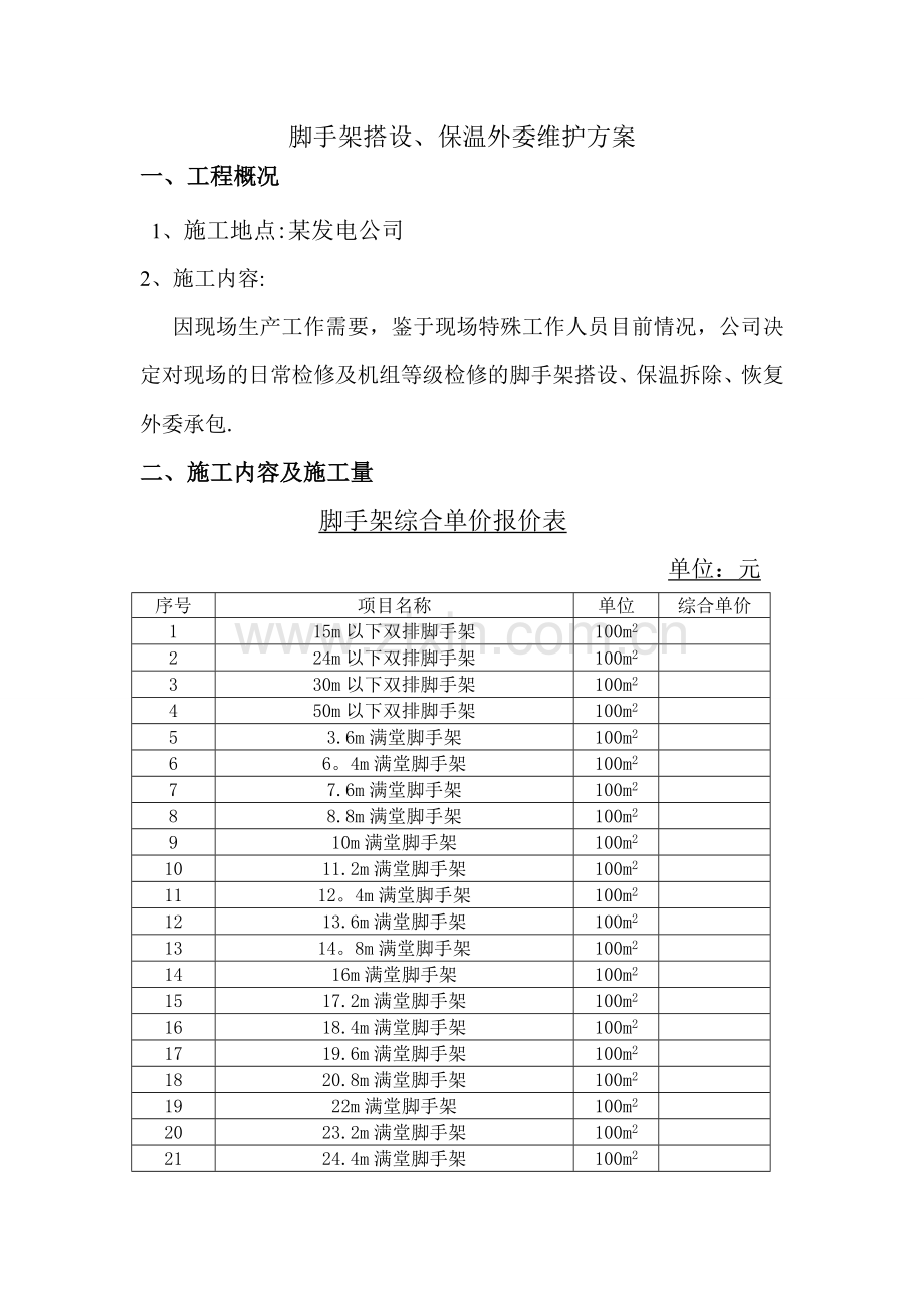 某电公司2016年脚手架、保温外委维护方案.doc_第1页