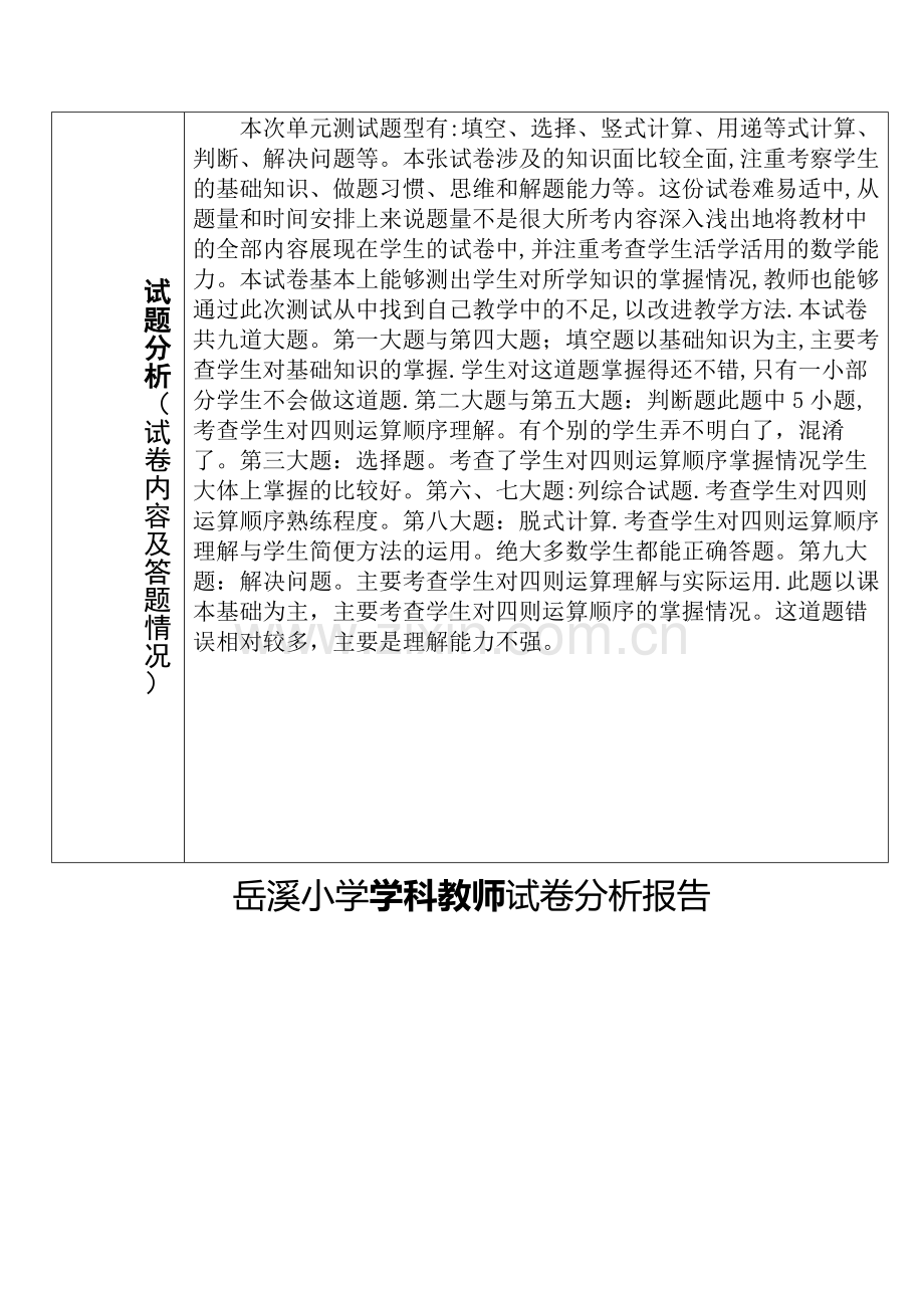 小学数学四年级下册各单元试卷分析报告.doc_第2页