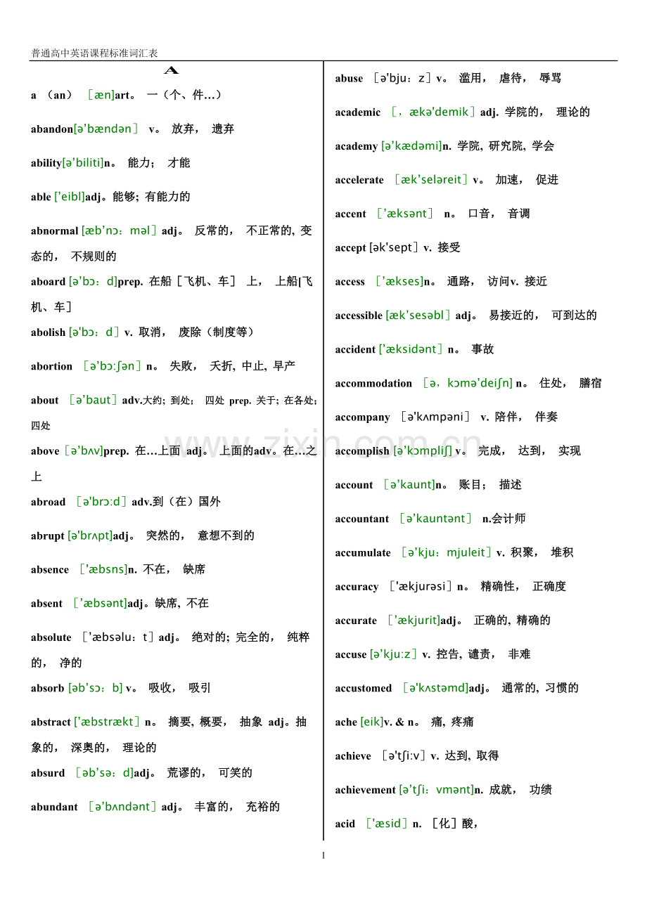 普通高中英语课程标准词汇表.doc_第1页