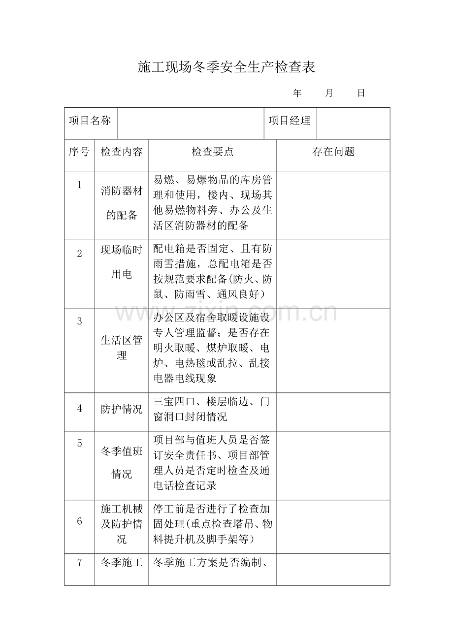 施工现场冬季安全生产检查表.doc_第1页