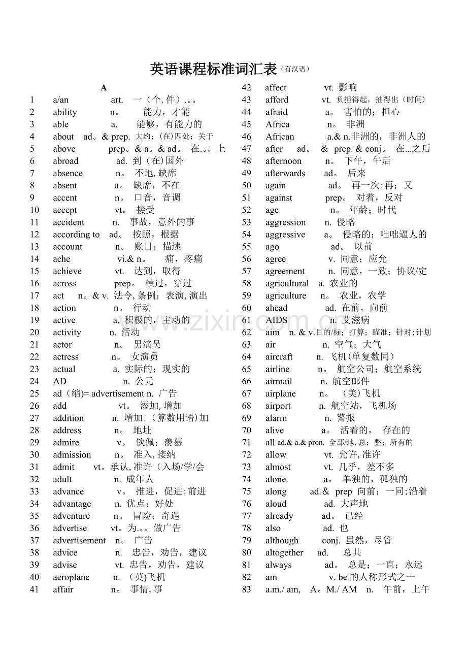 英语课程标准词汇表{有汉语}.doc_第1页