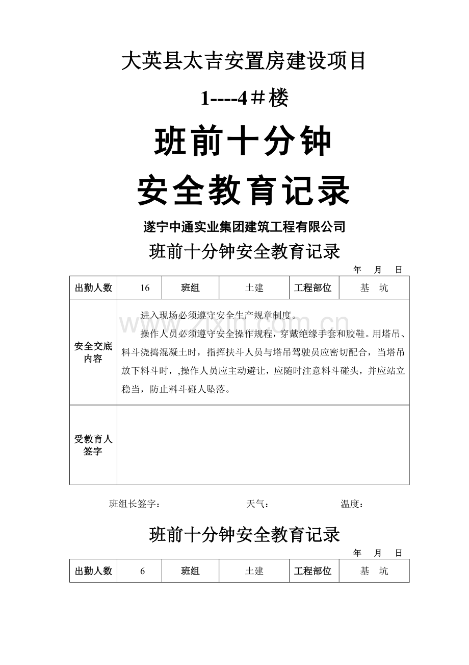 班前10分钟安全教育记录(土建).doc_第1页