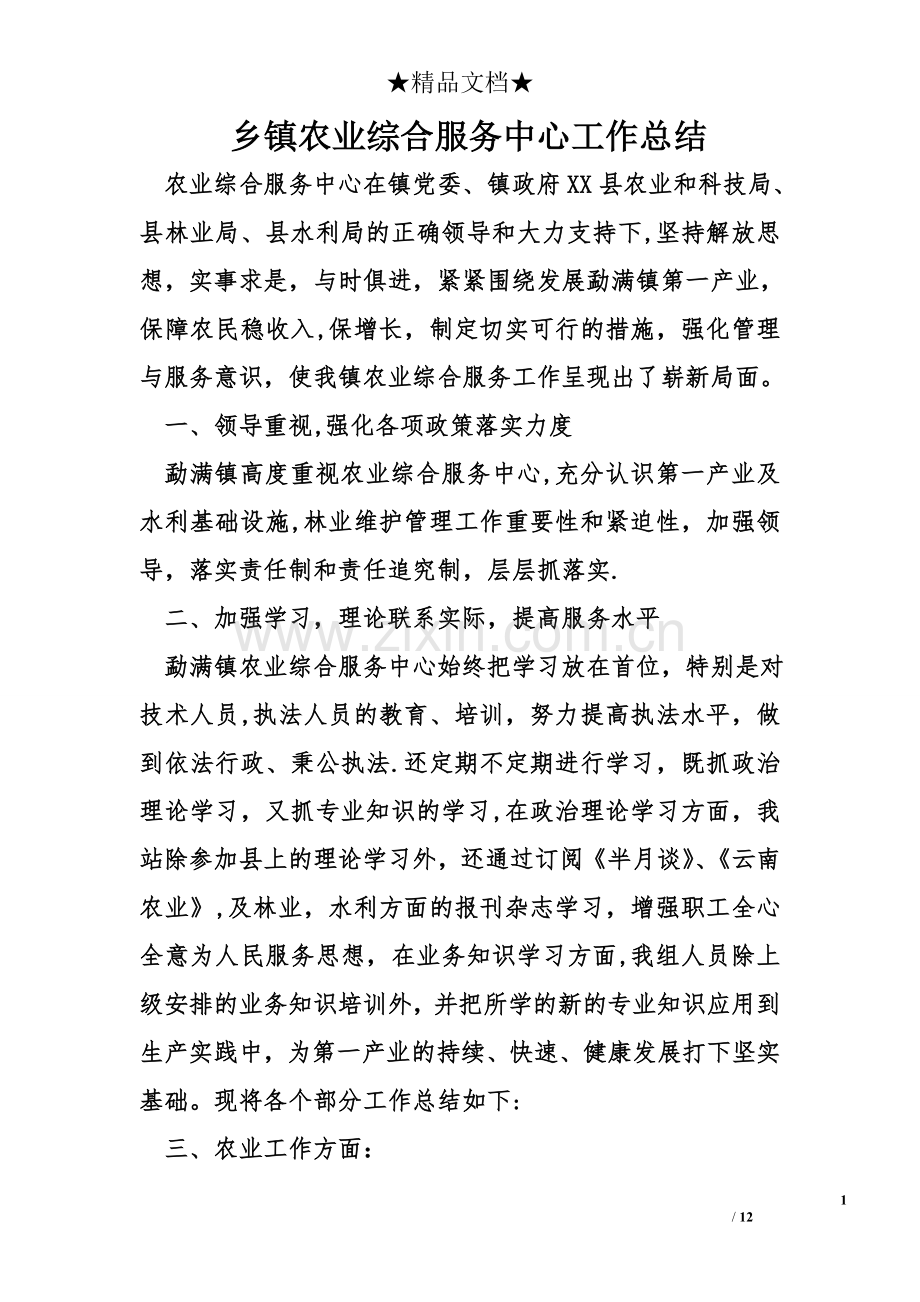 乡镇农业综合服务中心工作总结.doc_第1页