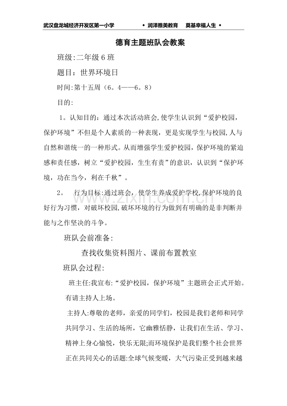 世界环境日德育主题班会教案.doc_第1页