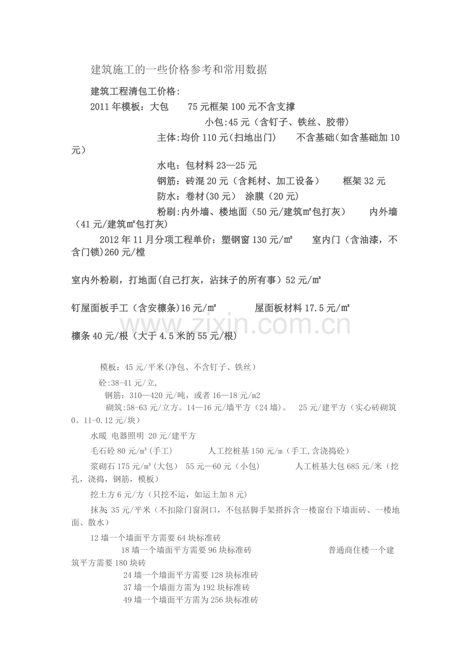 建筑施工价格参考和常用数据.doc_第1页