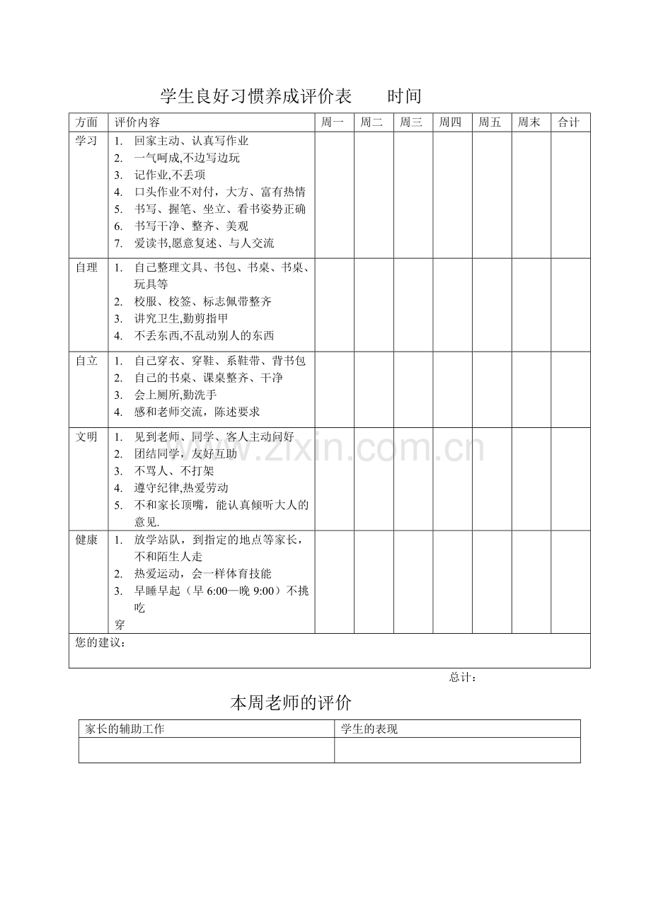 小学生良好习惯养成评价表.doc_第1页