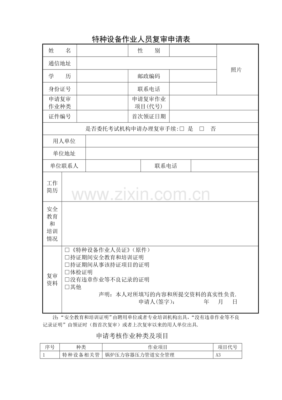 特种设备作业人员复审申请表.doc_第1页