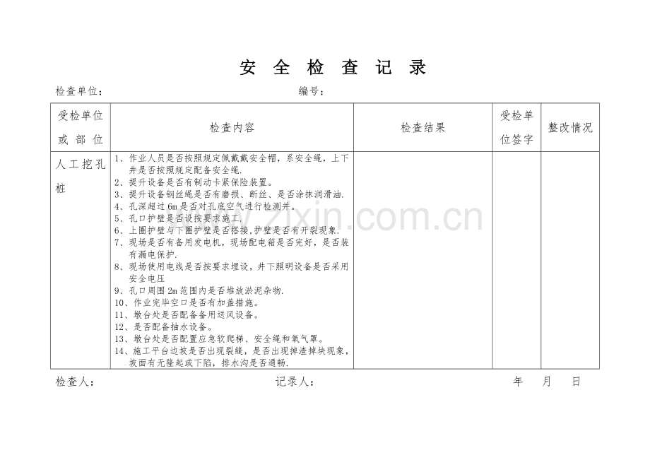 人工挖孔桩安全检查记录表.doc_第1页