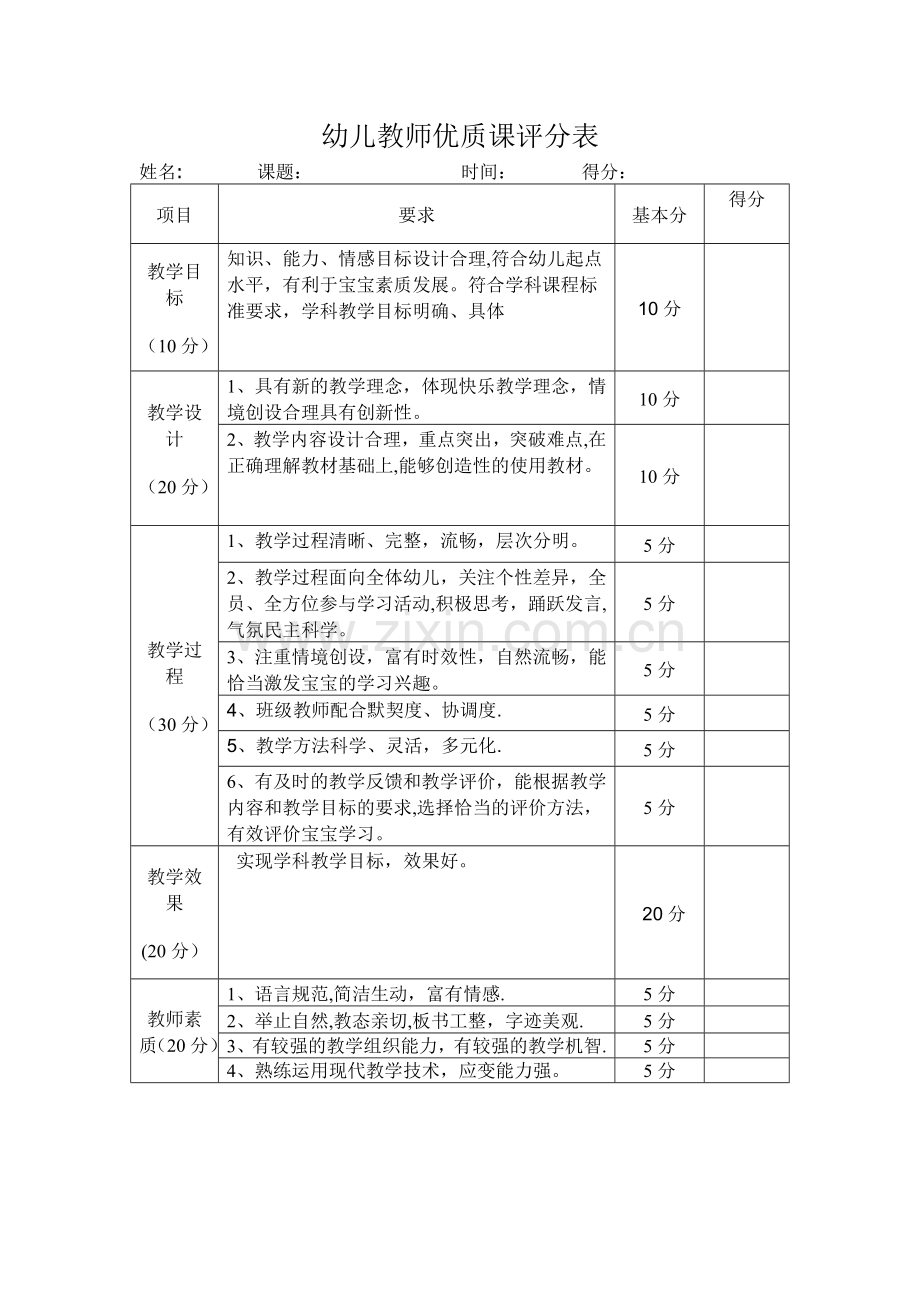 教师优质课评分表.doc_第1页