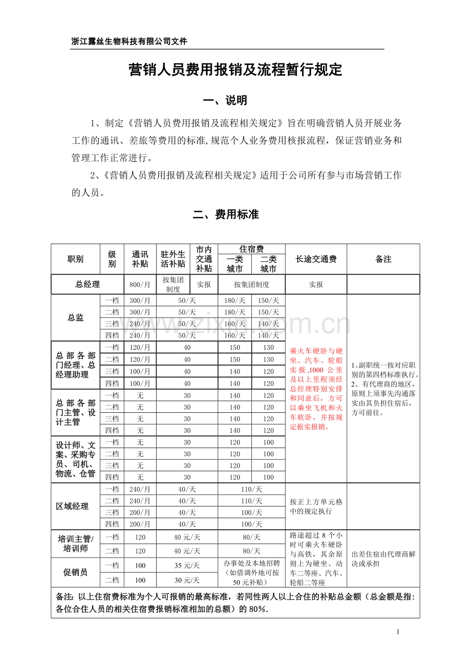 营销人员业务费用报销及流程暂行规定.doc_第1页