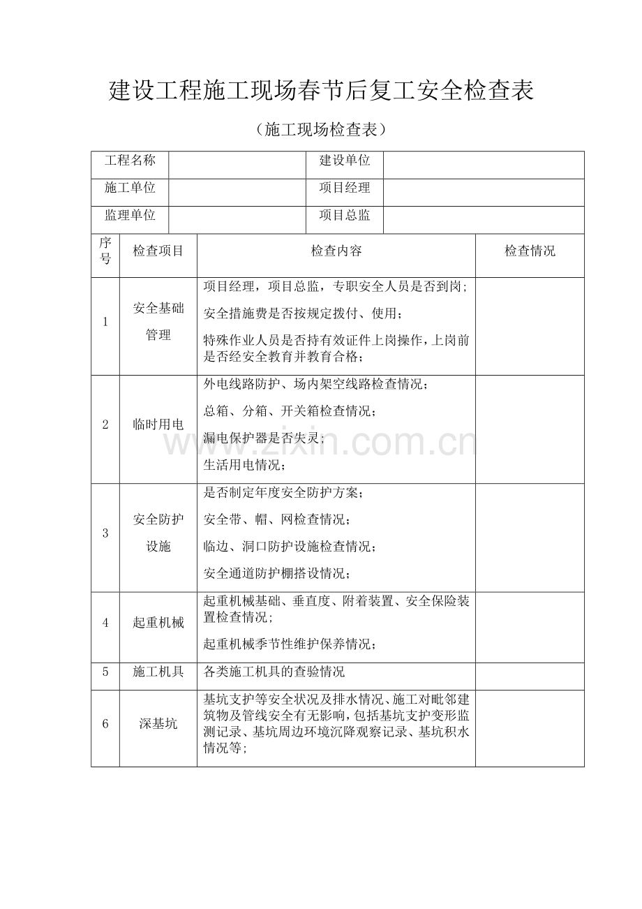 建设工程施工现场春节后复工安全检查表.doc_第1页