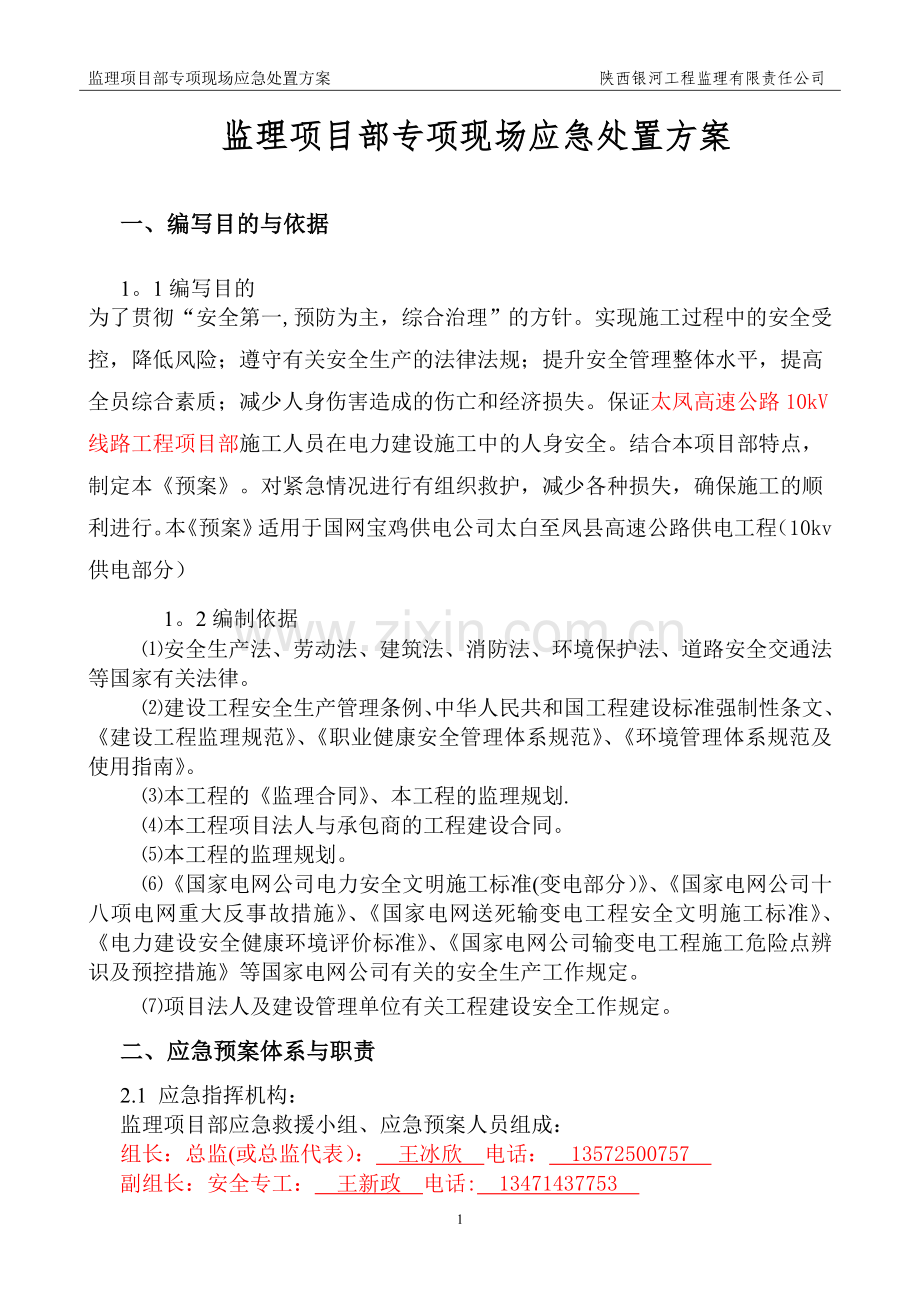 监理项目部专项现场应急处置方案.doc_第1页