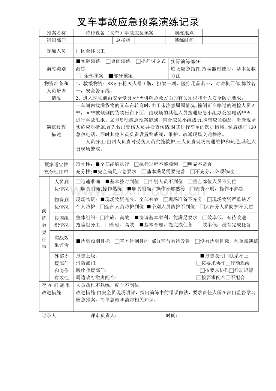 特种设备事故应急预案演练记录-叉车.doc_第1页