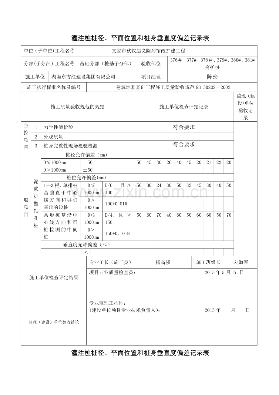 灌注桩桩径、平面位置和桩身垂直度偏差记录表.doc_第1页