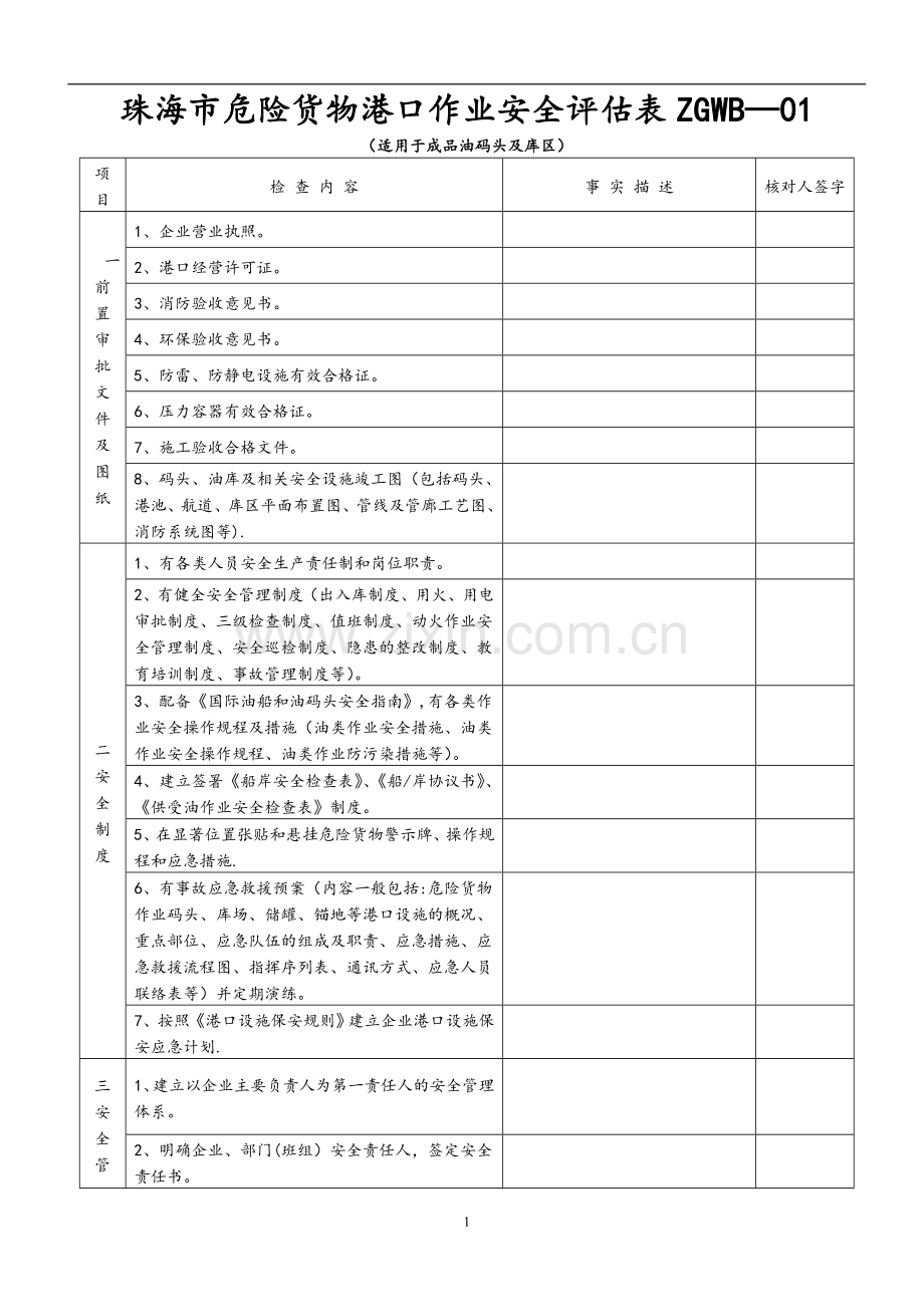 从事危险货物港口作业企业安全评估自查表(试行).doc_第1页