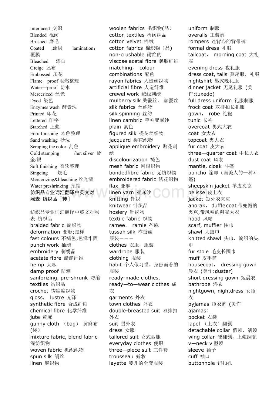 纺织品专业词汇中英文对照表.doc_第1页