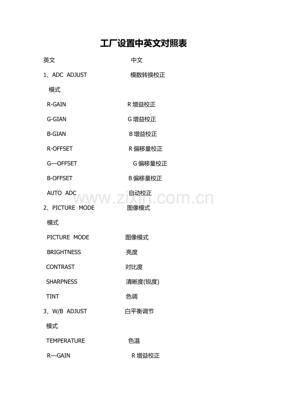 液晶电视工厂设置中英文对照.doc_第1页