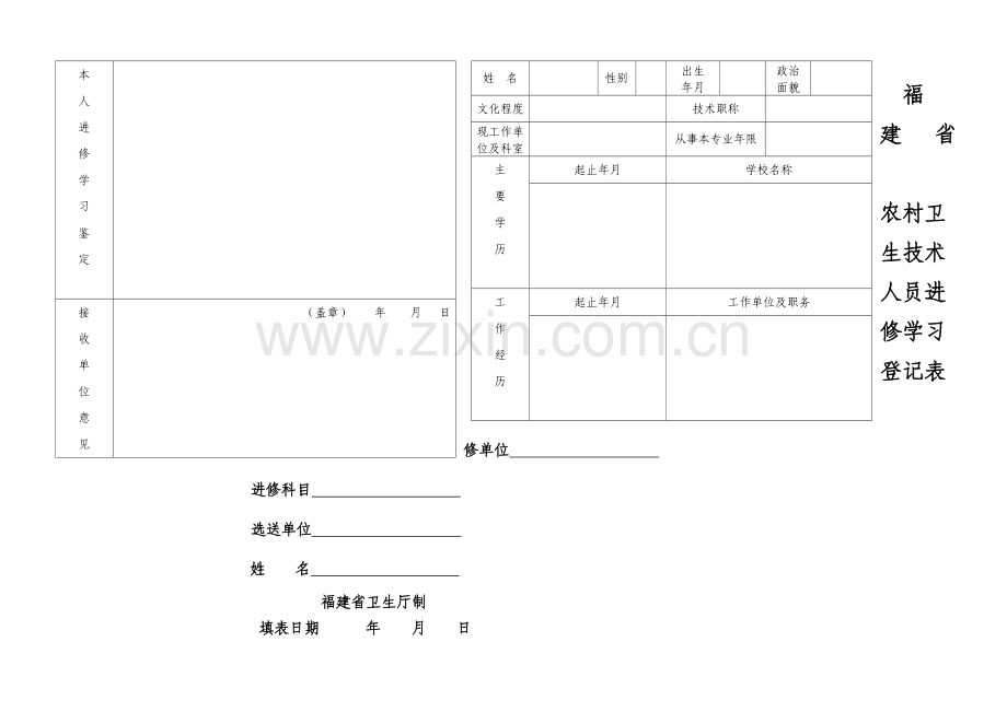 福建省农村卫生技术人员进修学习登记表.doc_第1页