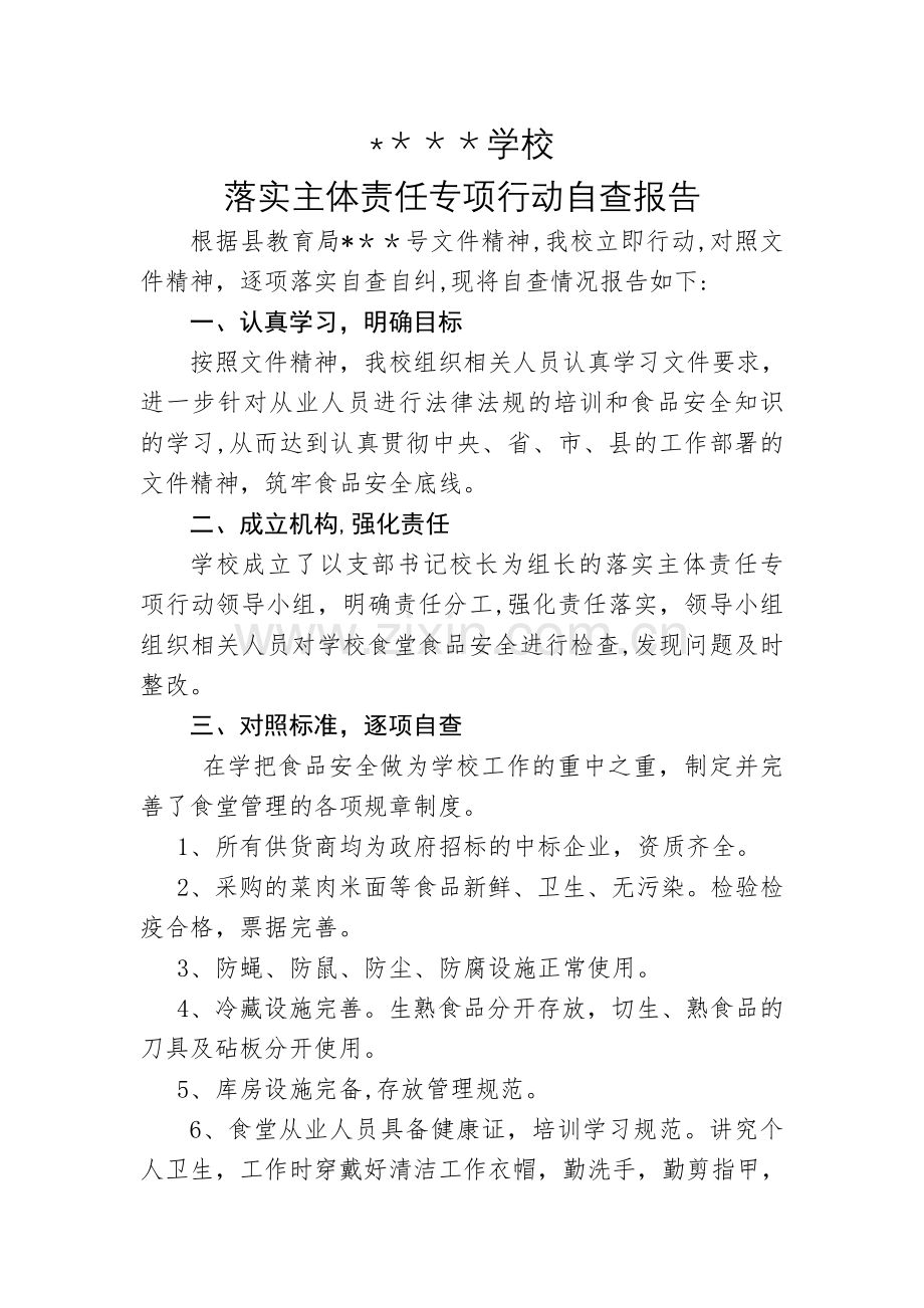 学校落实食品安全主体责任专项行动自查报告.doc_第1页