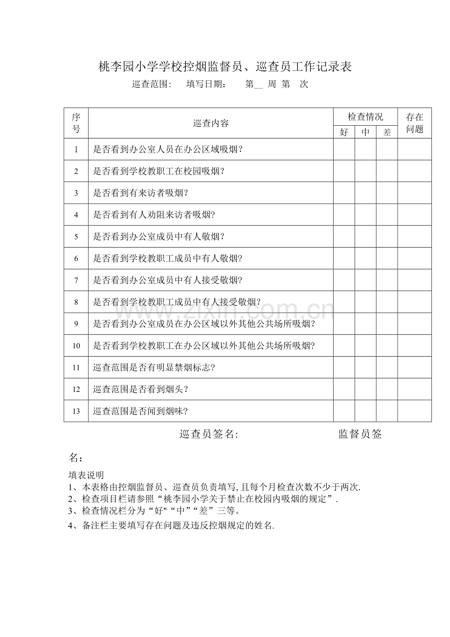 桃李园小学学校控烟监督员、巡查员工作记录表.doc_第1页