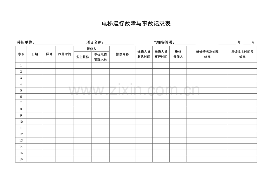 电梯运行故障与事故记录表(范本).doc_第1页