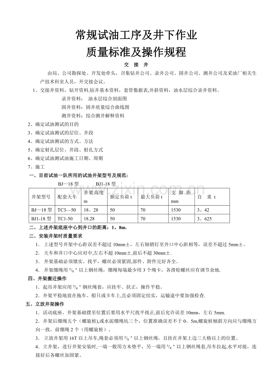 常规试油工序及井下作业质量标准及操作规程.doc_第1页