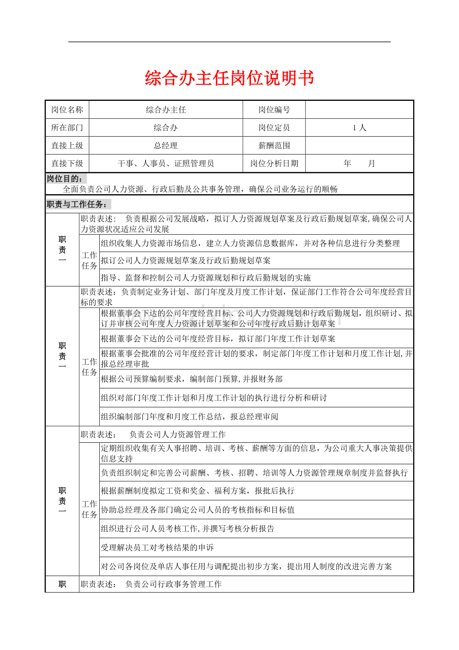 综合办主任岗位说明书-(2).doc_第1页