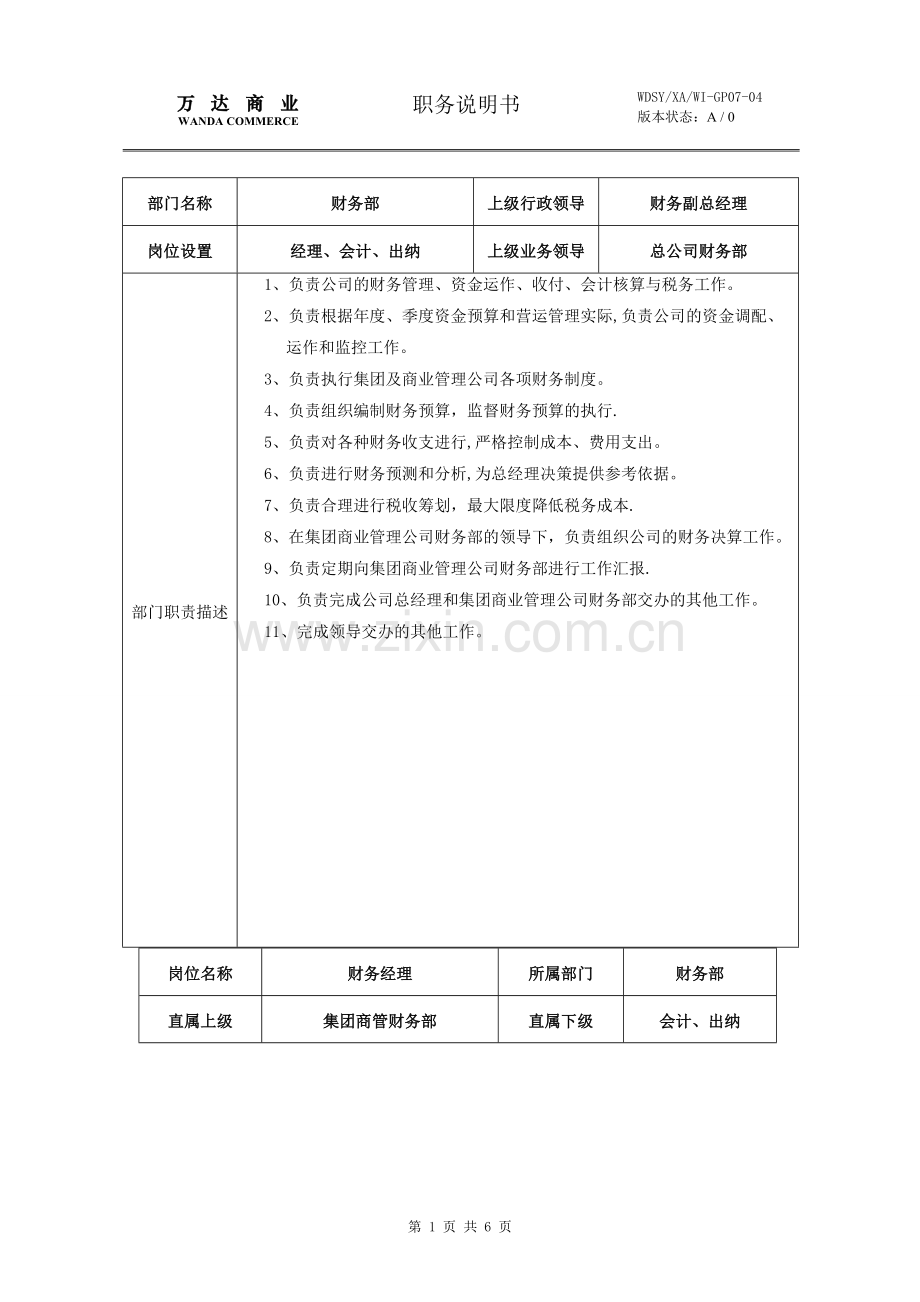 万达财务部岗位说明书.doc_第1页