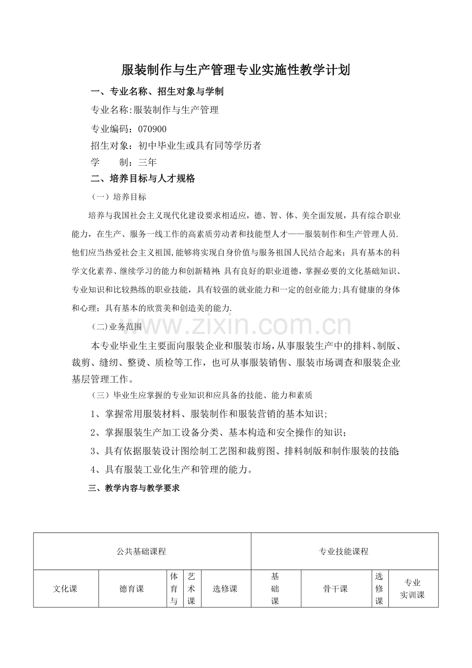 服装制作与生产管理专业实施性教学计划.doc_第1页