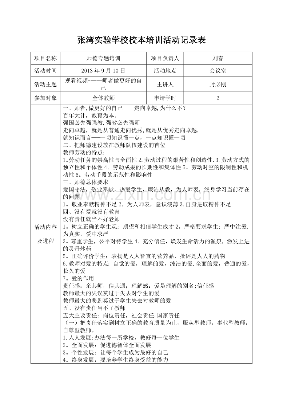 张湾实验学校校本培训活动记录表.doc_第1页