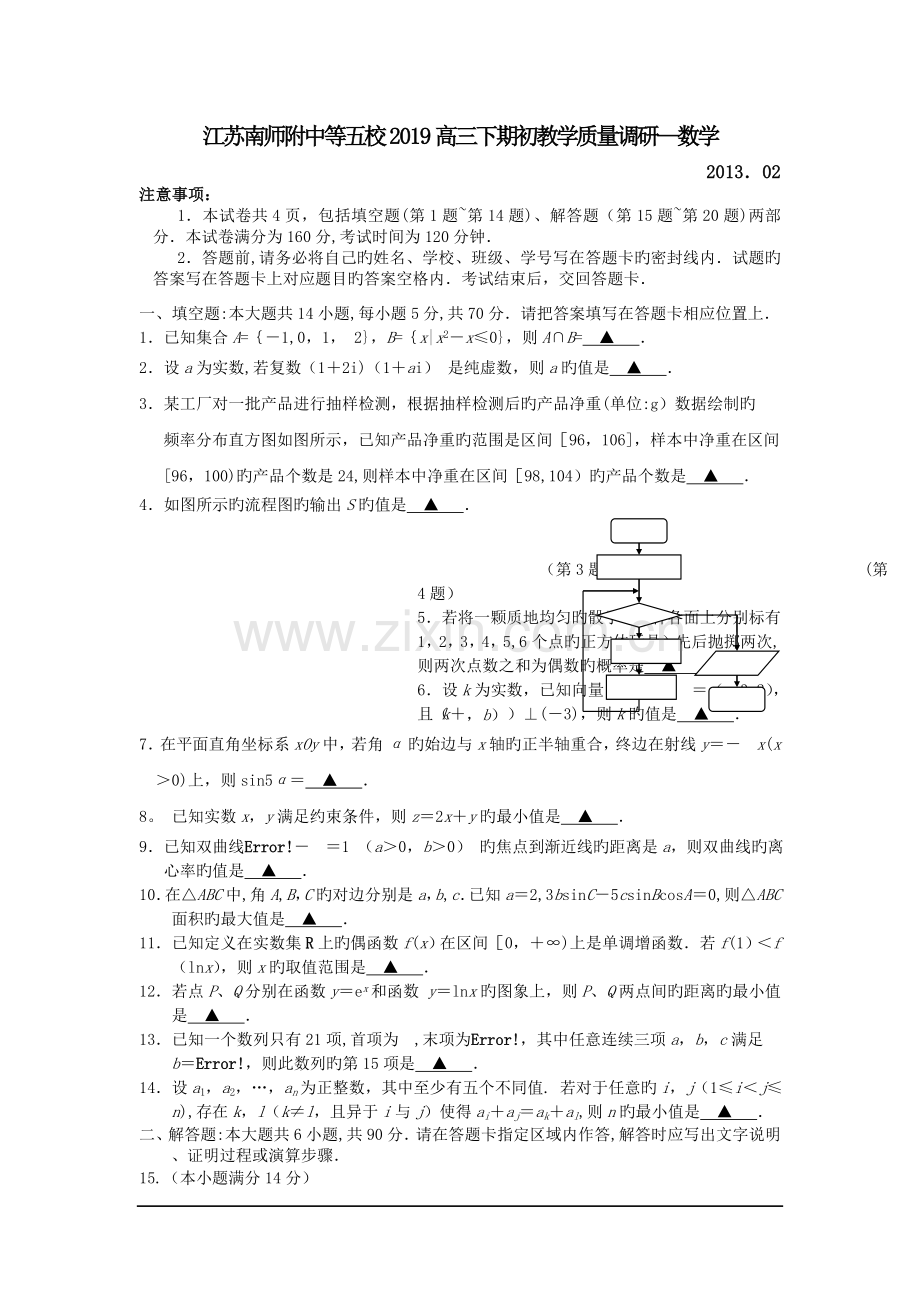 江苏南师附中等五校2019高三下期初教学质量调研-数学.doc_第1页