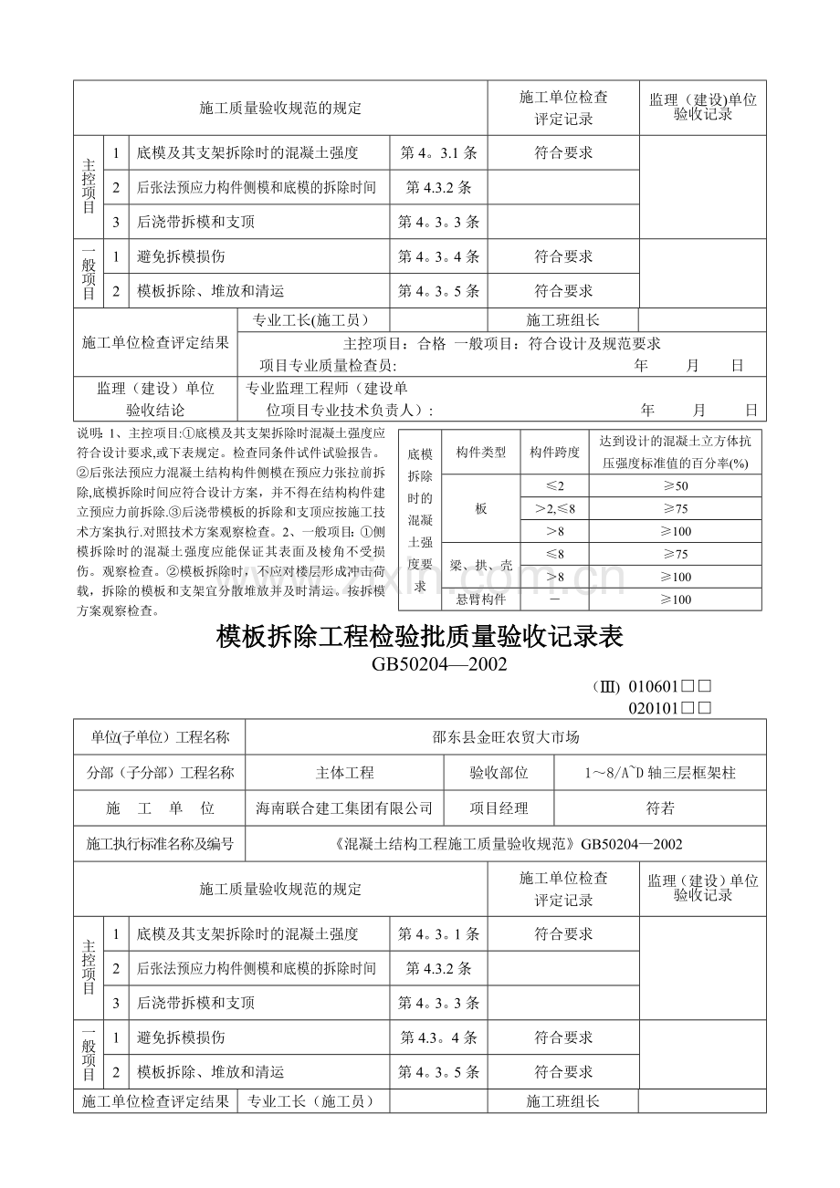 模板拆除工程检验批质量验收记录表02274.doc_第2页