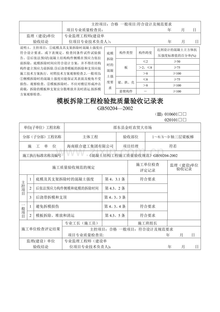 模板拆除工程检验批质量验收记录表02274.doc_第3页