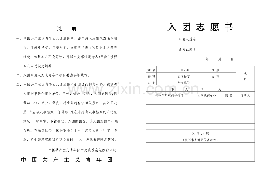 老版入团志愿书表格(空白).doc_第1页