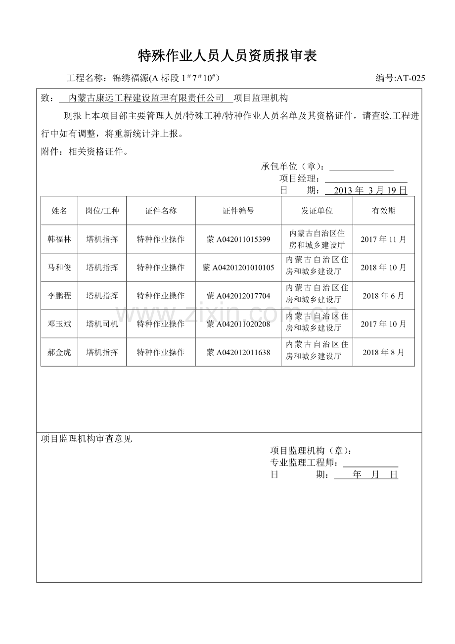 特殊作业人员人员资质报审表.doc_第1页