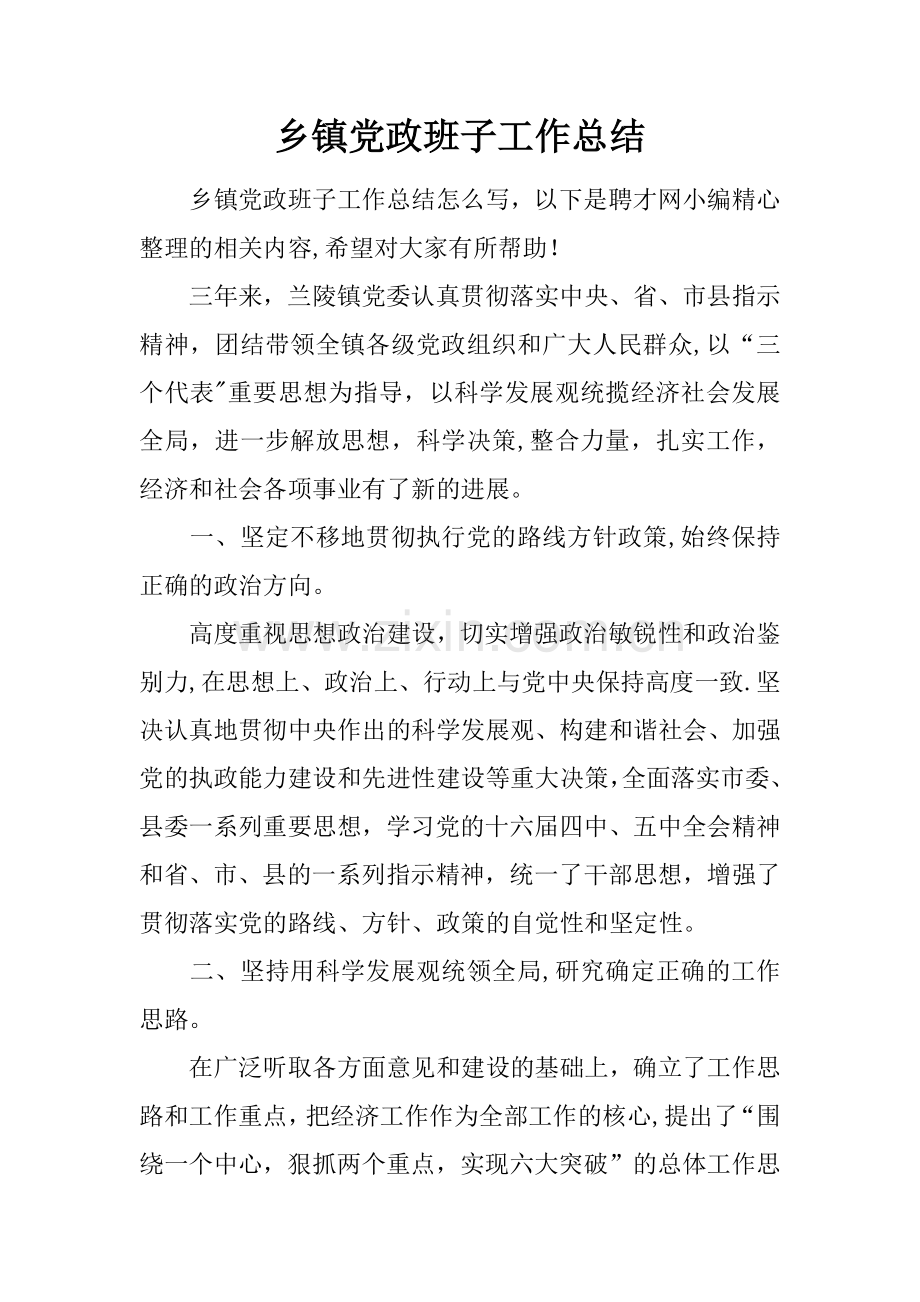 乡镇党政班子工作总结.docx_第1页