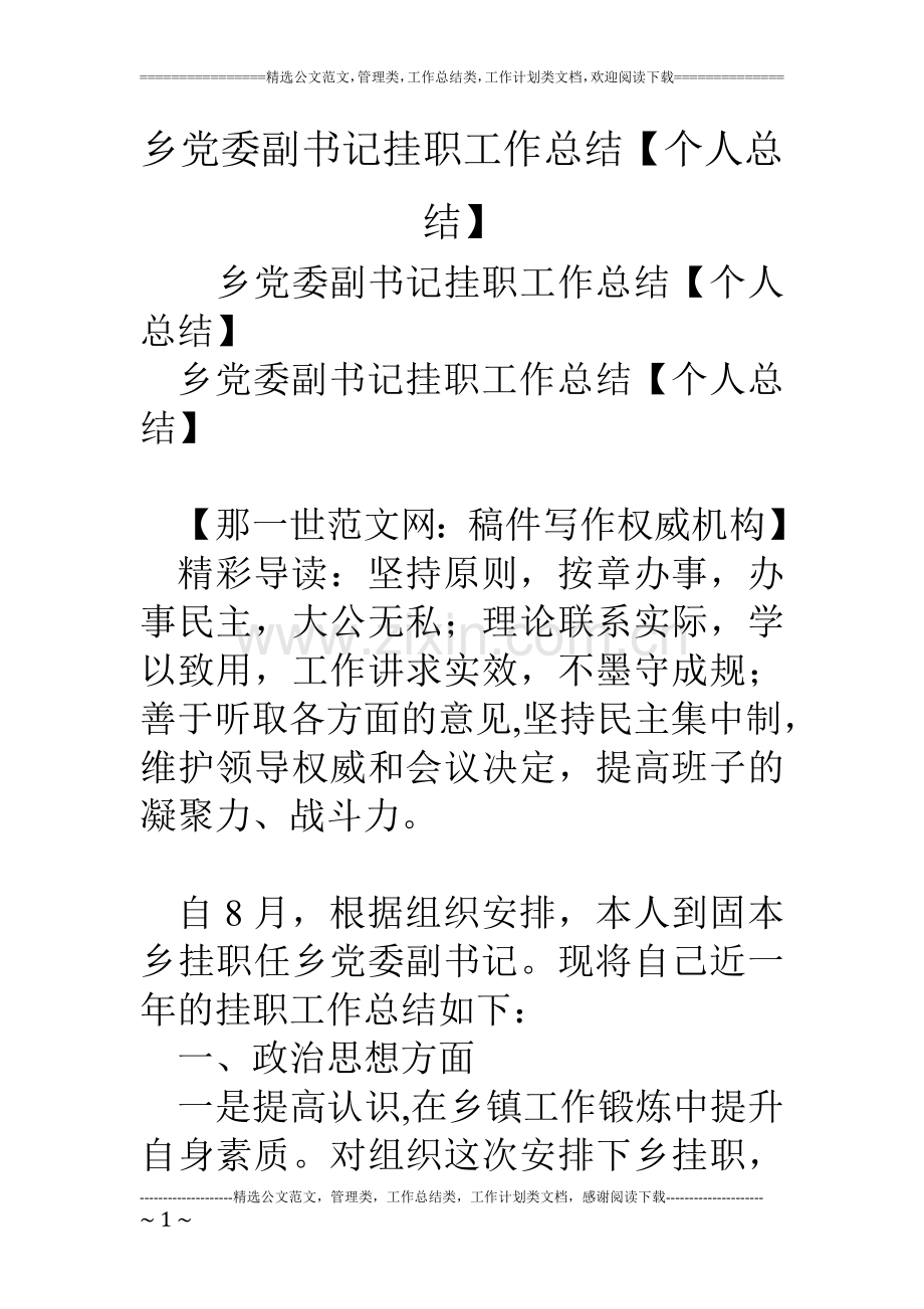 乡党委副书记挂职工作总结【个人总结】.doc_第1页