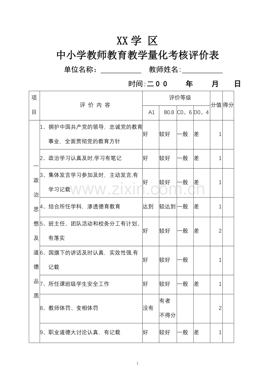 中小学教师教育教学量化考核评价表.doc_第1页