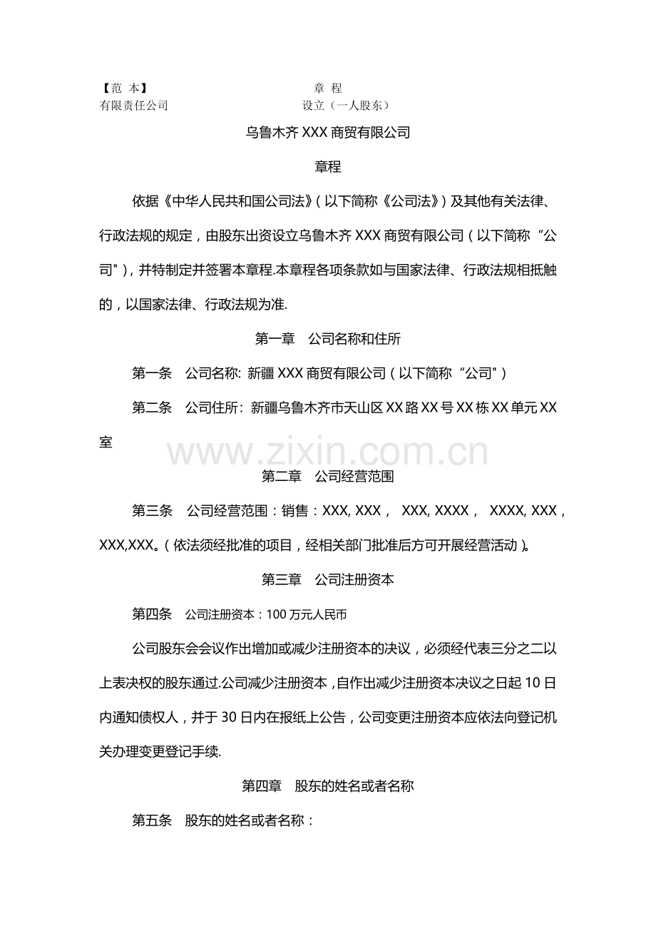 一人股东有限责任公司章程(乌鲁木齐市天山区工商局).docx_第1页