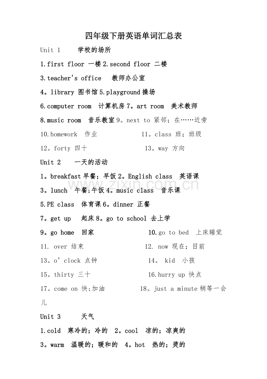 新人教版四年级英语下册单元词汇表.doc_第1页