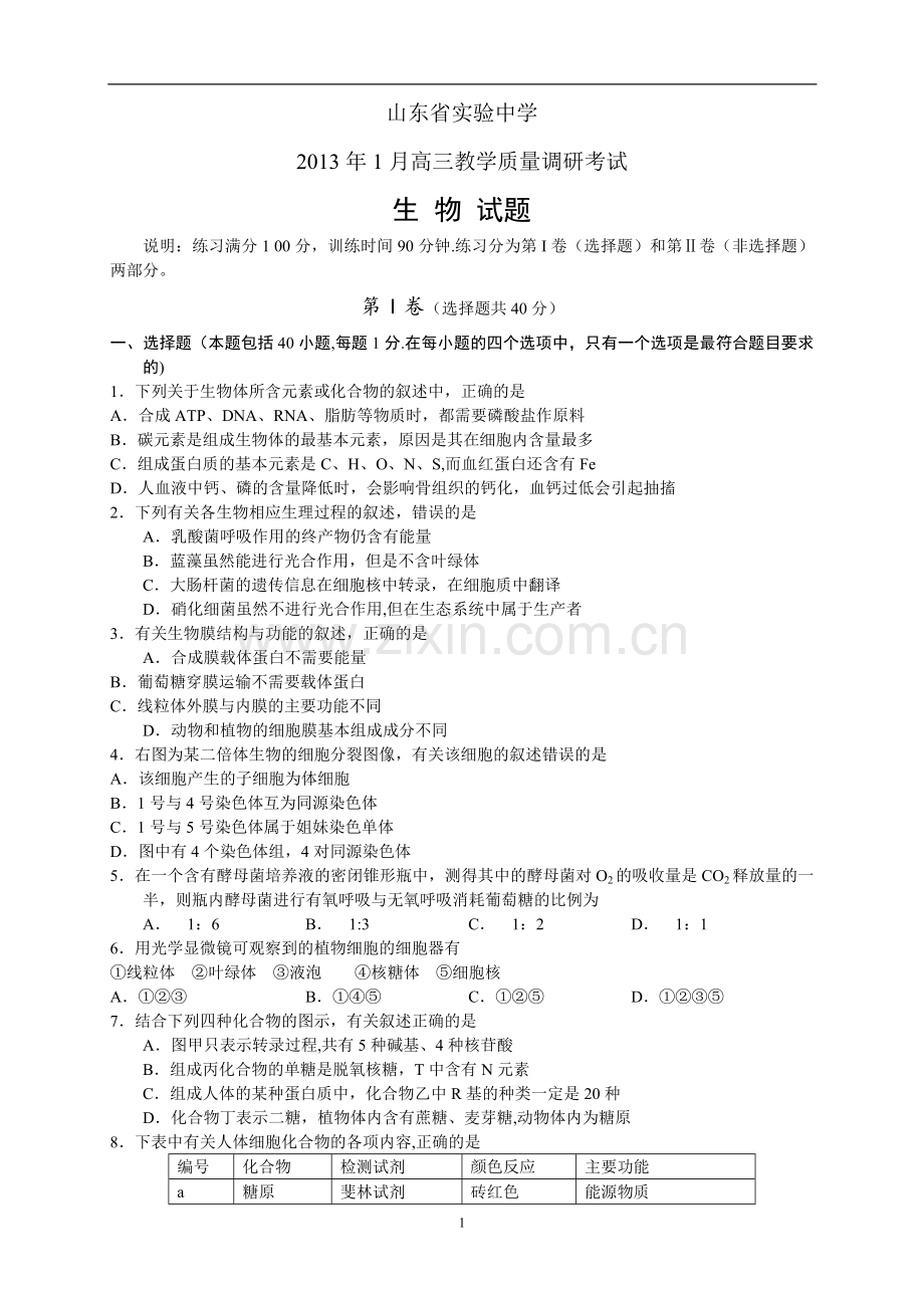 山东省实验中学2013年1月高三教学质量调研考试生物试题.doc_第1页