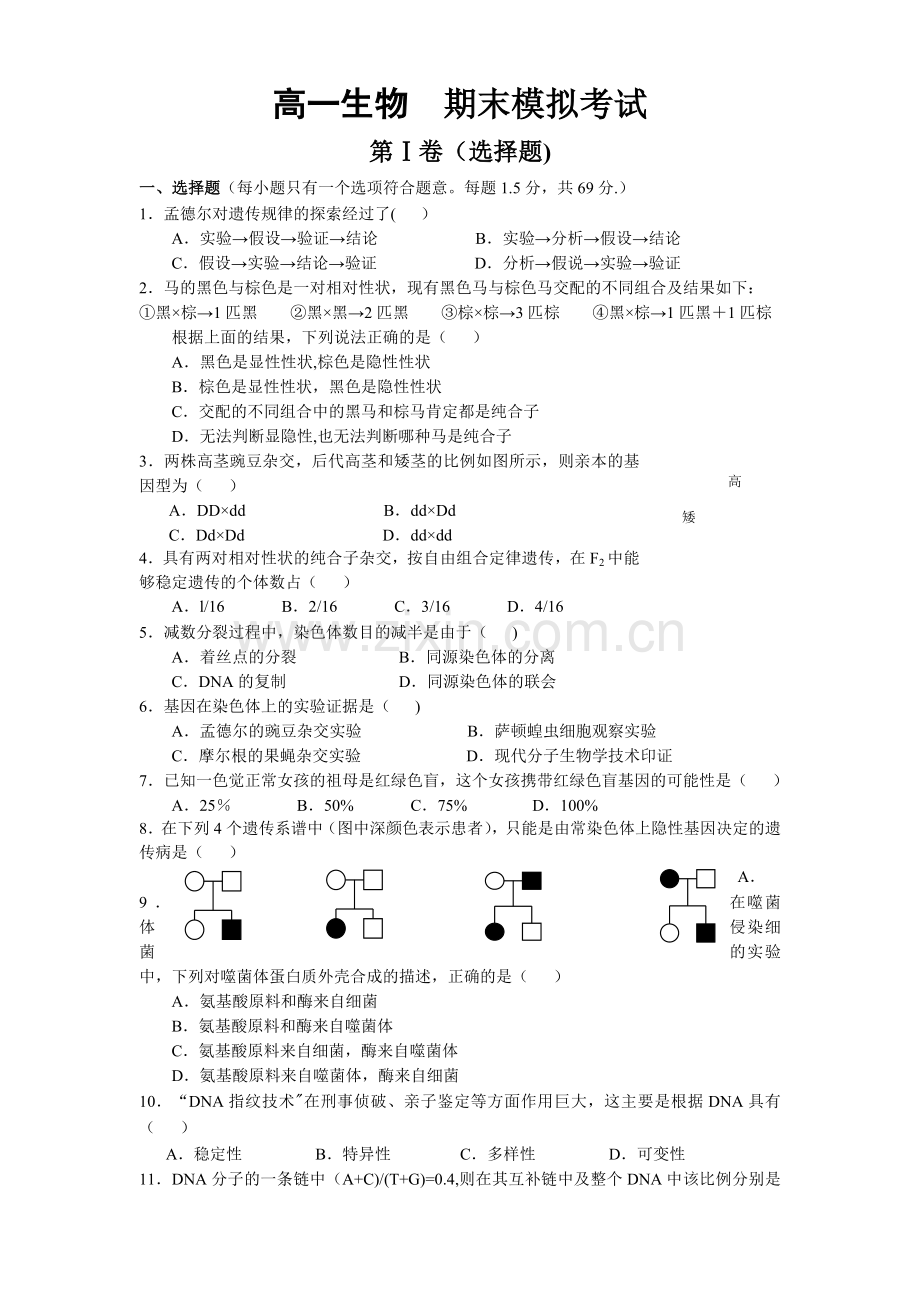 人教版高一生物必修二期末模拟试题及答案.doc_第1页