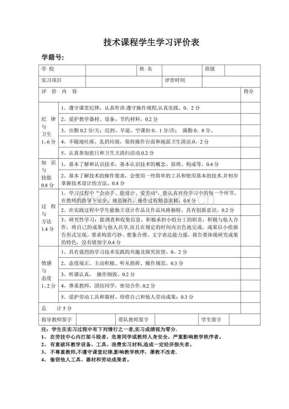 技术课程学生学习评价表.doc_第1页