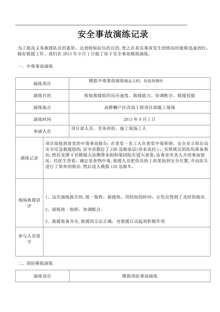 安全事故应急救援预案演练记录表(优秀范文).doc_第1页